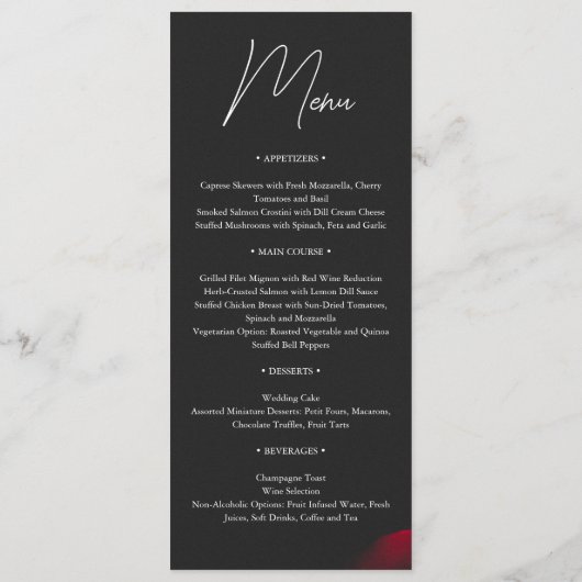  scharlaken rode roos bloemblaadje bruiloft menu (Achterkant)