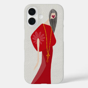 Scharlakenrode vrouwelijke stijl Glam mode kunst iPhone 16 Hoesje