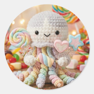 Scharlieve Gehaakte Octopus en Snoep Land Ronde Sticker