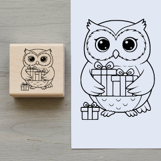 Scharrelende Uil met Cadeaus Houten Stempel