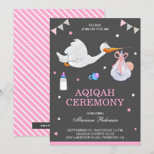 Schattelief Ooievaar Roze Baby Meisje Aqiqah Kaart
