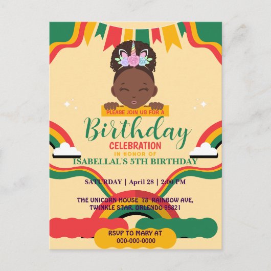 Schattig afro eenhoorn Afrikaans-Amerikaanse meisj Briefkaart (Voorkant)