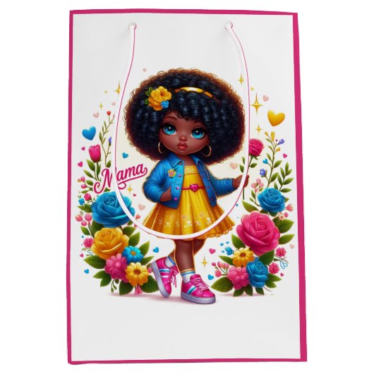Schattig Afro Meisje Geel/Roze Bloem Mama Medium Cadeauzakje (Voorkant)