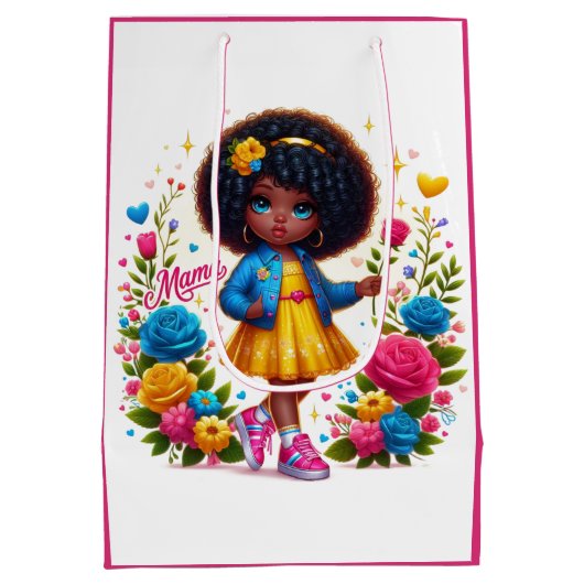 Schattig Afro Meisje Geel/Roze Bloem Mama Medium Cadeauzakje (Achterkant)