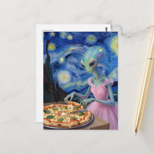 Schattig Alien in Roze Jurk Eet Pizza Faux Van Gog Briefkaart
