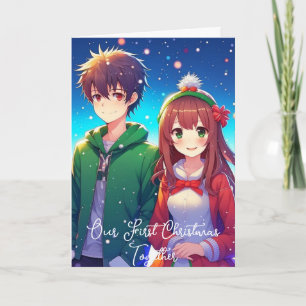 Schattig Anime Koppel   Onze Eerste Kerstmis Kaart