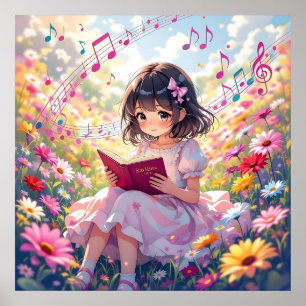 Schattig Anime Meisje dat een Boek Leest Poster