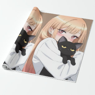 Schattig Anime Meisje dat Zwarte Kat Knuffelt Inpa Cadeaupapier