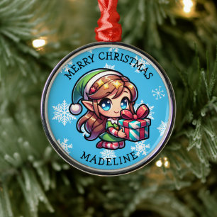 Schattig Anime Meisje Elf Persoonlijke Kerstmis Metalen Ornament