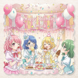 Schattig Anime Meisje Ijs Verjaardagsfeestje   Kartonnen Onderzetters