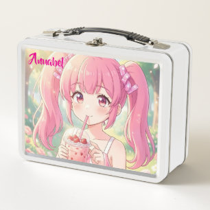 Schattig Anime Meisje in Roze Drinkt Bubble Tea