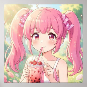 Schattig Anime Meisje in Roze Drinkt Bubble Tea Poster