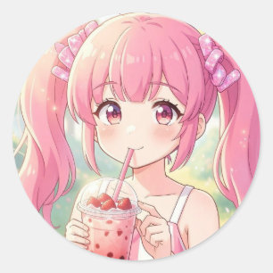 Schattig Anime Meisje in Roze Drinkt Bubble Tea Ronde Sticker