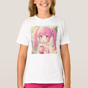 Schattig Anime Meisje in Roze Drinkt Bubble Tea T-shirt