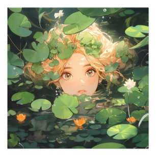 Schattig Anime Meisje in Vijver Foto Afdruk