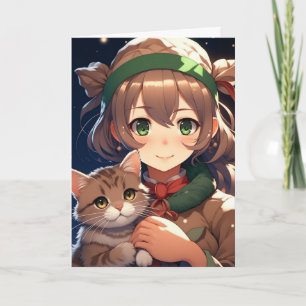 Schattig Anime Meisje met een Kitten Kerst Kaart