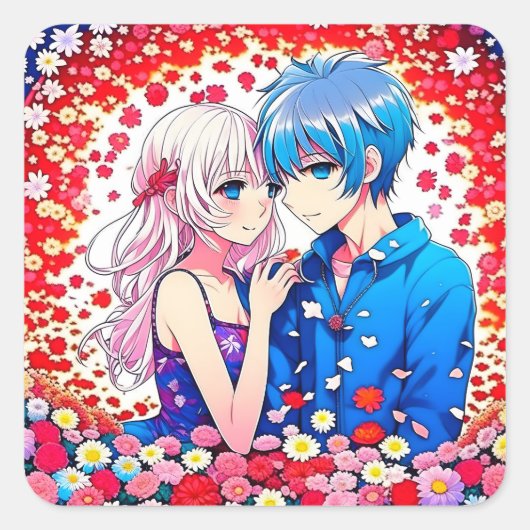 Schattig anime paar romantisch vierkante sticker (Voorkant)