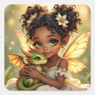Schattig Anime Sprookjesmeisje en Chibi Draak Vierkante Sticker