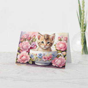 Schattig aquarel kitten in bloemige theekopje kaart