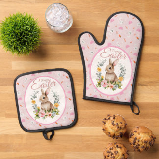 Schattig Aquarel Konijn Bloemenkrans Pasen Ovenwant & Pannenlap Set