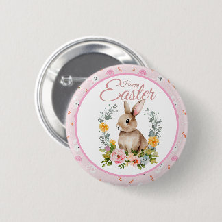 Schattig Aquarel Konijn Bloemenkrans Pasen Ronde Button 5,7 Cm