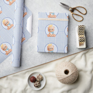 Schattig Baby Beer Blue Gingham Cadeaupapier