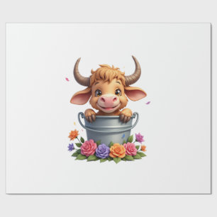Schattig baby-hooglandkoekalle met bloemen Kalf Di Cadeaupapier