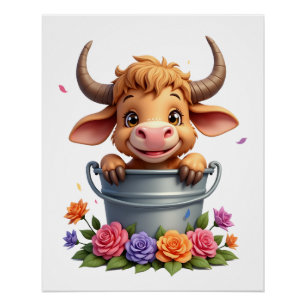 Schattig baby hooglandrund met bloemen Kalf Dier c Perfect Poster