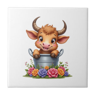 Schattig baby hooglandrund met bloemen Kalf Dier c Tegeltje