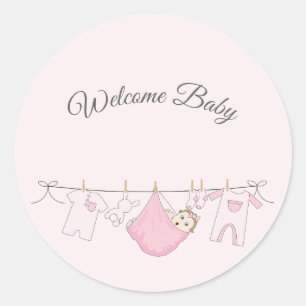 Schattig Baby Meisje Douche in Roze en Grijs Ronde Sticker