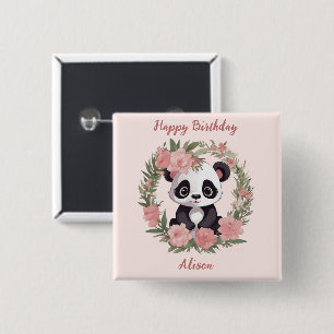 Schattig Baby Panda Beer met bloemen Vierkante Button 5,1 Cm