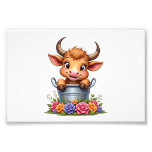 Schattig babyhooglandkoetje met bloemen Kalf Dier Foto Afdruk