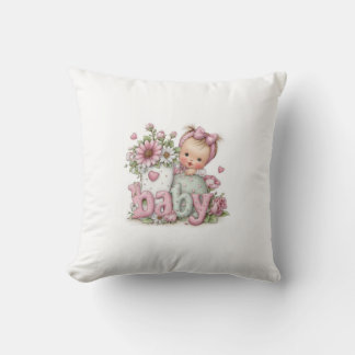 Schattig Babymeisje met Bloemen & Roze Letters | Z Kussen