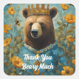Schattig Beer in een kroon met bloemen en bijen Vierkante Sticker