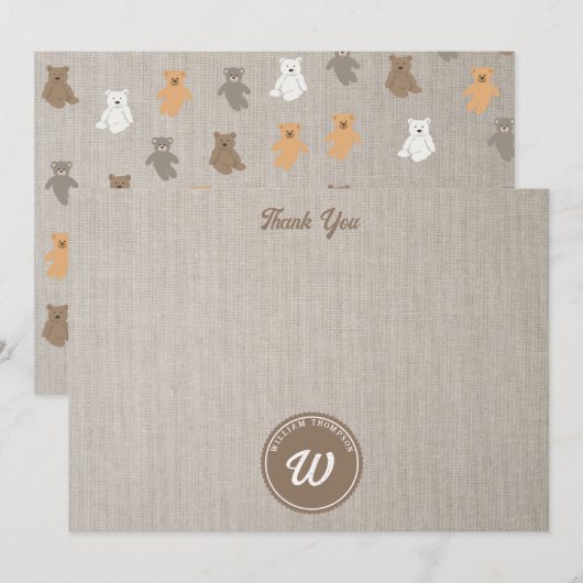 Schattig Beer Patroon Initiaal Monogram Bedankkaart (Voorkant / Achterkant)