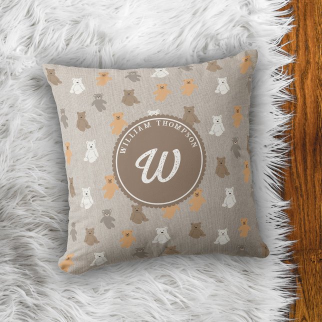 Schattig Beer Patroon Initiaal Monogram Kussen (Cute Bear Pattern Initial Monogram Throw Pillow)