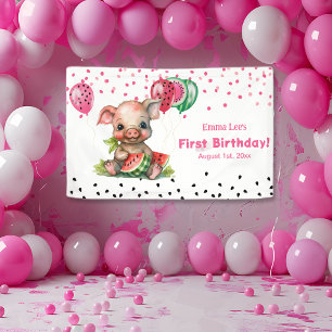 Schattig Biggetje Eet Watermeloen Verjaardag Spandoek