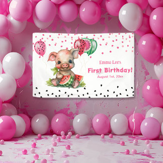 Schattig Biggetje Eet Watermeloen Verjaardag Spandoek