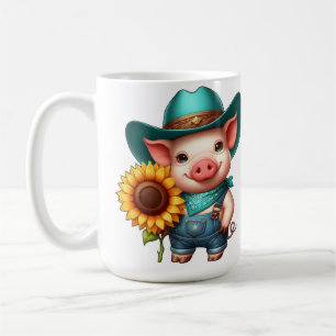 Schattig biggetje in cowboy-outure met zonnebloem koffiemok