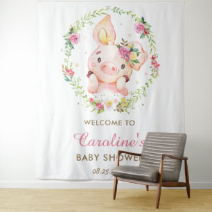Schattig Biggetje Roze Bloemen Baby Shower Welkom Wandkleed