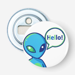 Schattig Blauw Alien Zegt Hallo Button Flesopener