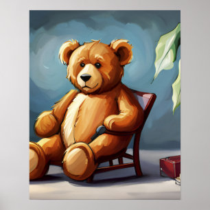 Schattig blauw bruin teddybeer zittend op stoel poster