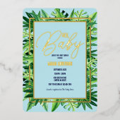 Schattig Blauw en Groen Tropisch Hey Baby shower Folie Uitnodiging (Voorkant)