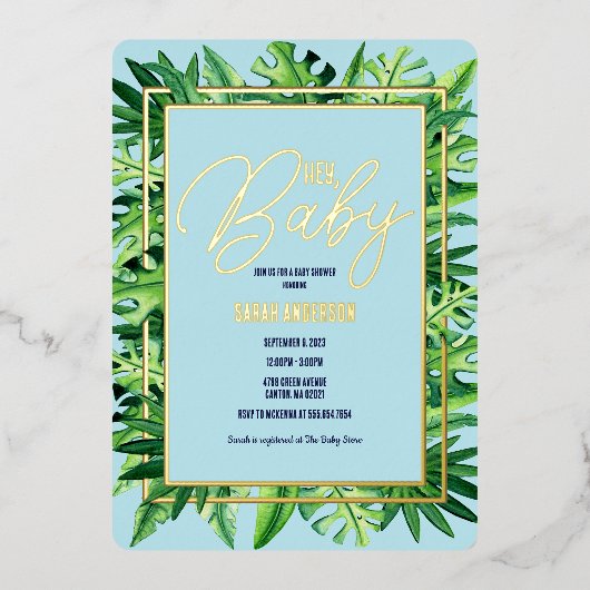 Schattig Blauw en Groen Tropisch Hey Baby shower Folie Uitnodiging (Voorkant)