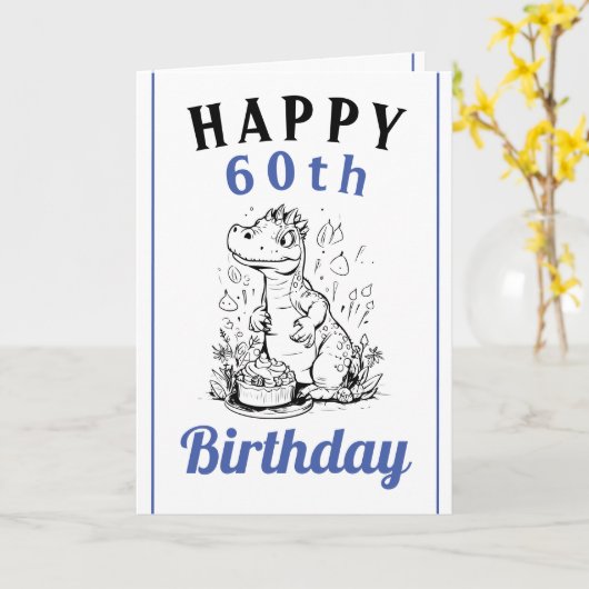 Schattig Blauw en Wit Trex Man 60e Verjaardag Kaart (Gele Bloem)