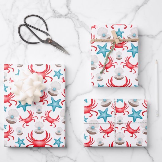 Schattig blauw kustzeekrab & shell patroon inpakpapier vel (Voorkant)