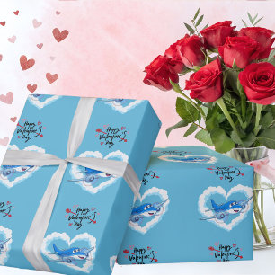 Schattig Blauw Vliegtuig & Wolken, Kinderen Valent Cadeaupapier