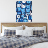 Schattig Blauw Wit Zwart Doodle Kat Lover Canvas Afdruk (Insitu (Slaapkamer))