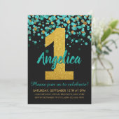 Schattig Blauwgroen Goud Glitter Zwart Confetti 1e Kaart (Staand voorkant)