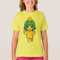 Schattig Blauwharig Chibi Meisje in Kuiken T-Shirt
